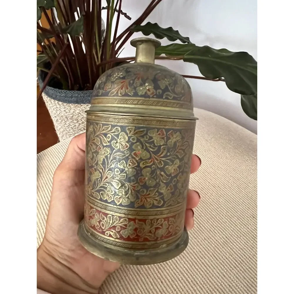 Vintage Brass Lidded Canister Hand Etched Bell Top Jar Bohemian Trinket Box
